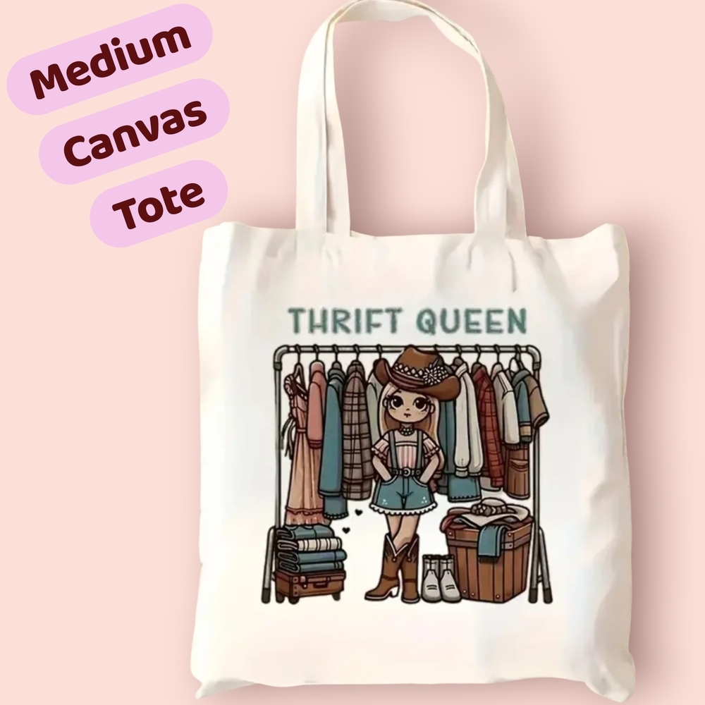Canvas Tote Bag Thrifting - White/Cream Cute Bag Reusable & Fun, Medium